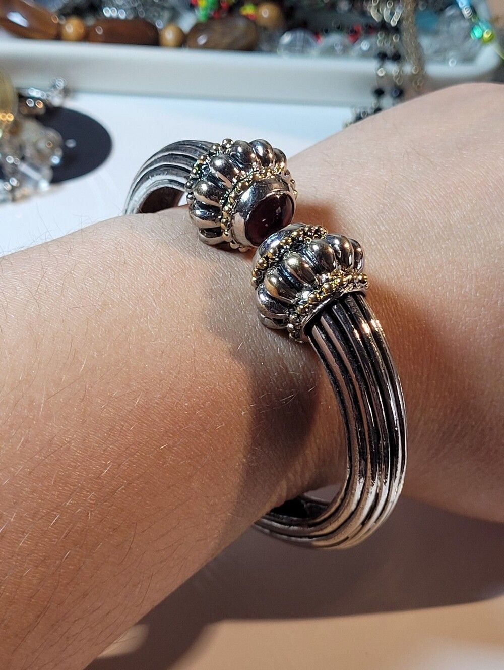 Fabulous Vintage Silver-Tone Open Cuff Bangle With Dark Amber Burgundy Stones